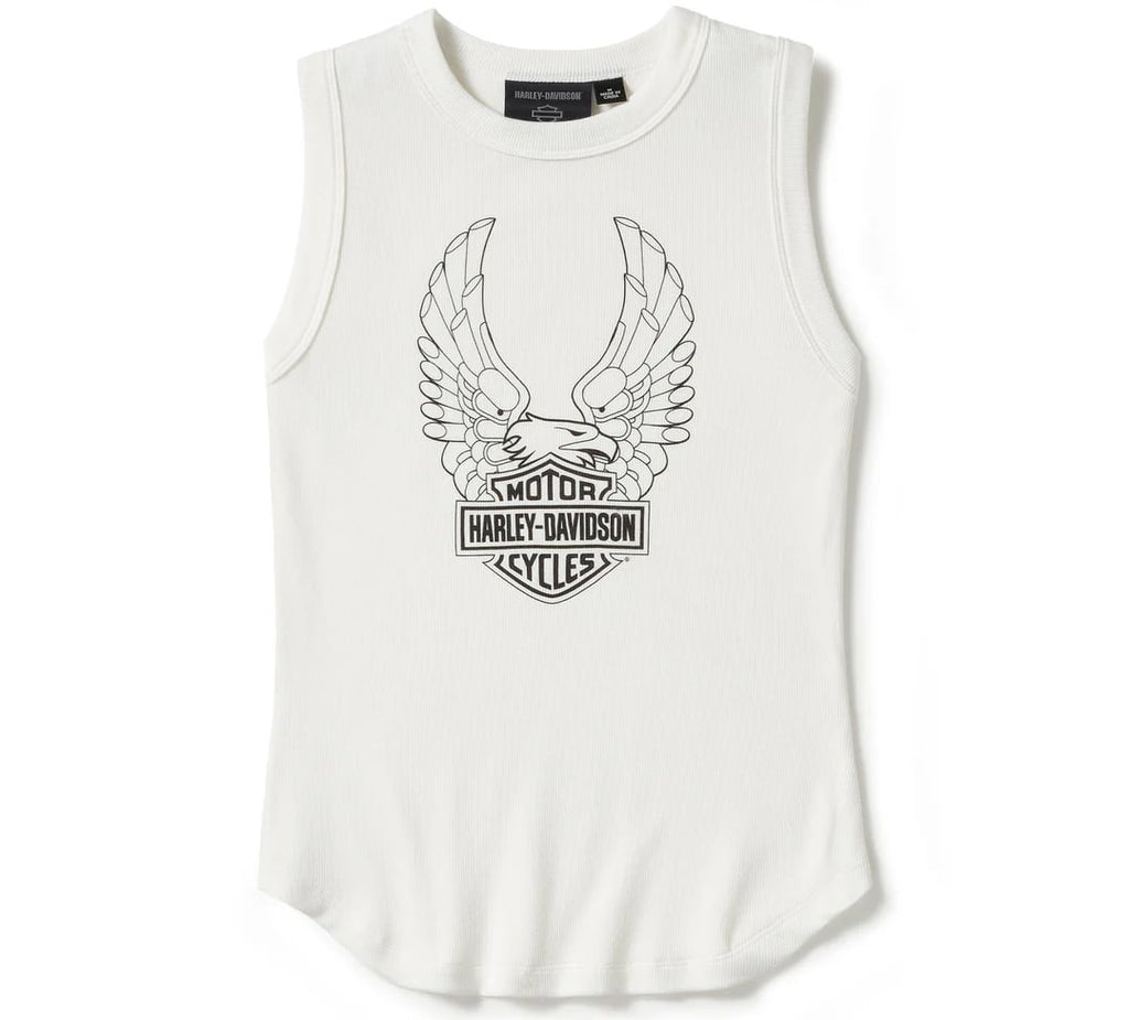 New Harley-Davidson® Authentic Women's Evolution Eagle Ribbed Sleeveless Shirt, White Tank