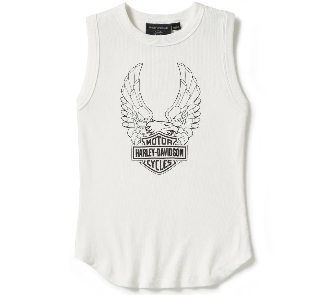 New Harley-Davidson® Authentic Women's Evolution Eagle Ribbed Sleeveless Shirt, White Tank