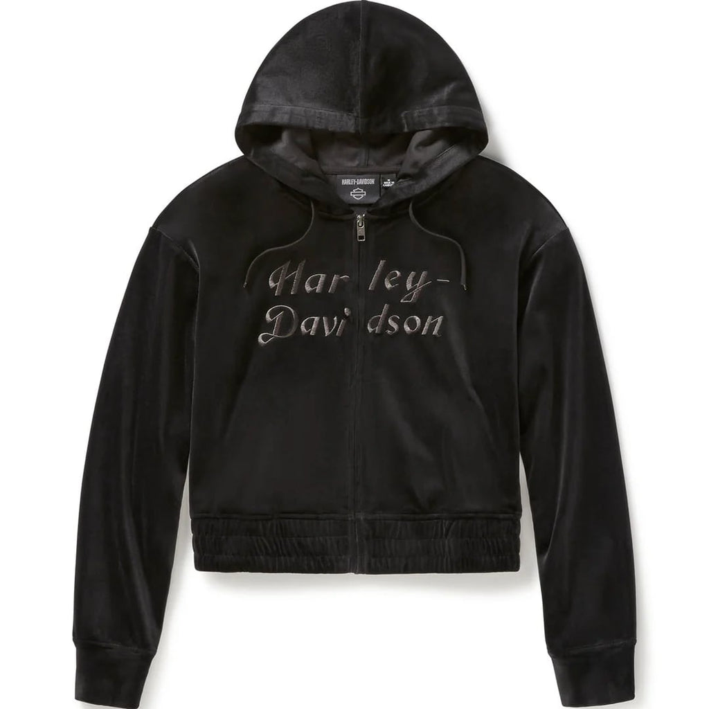 New Harley-Davidson® Authentic Velour Polyester Zip-Up Long Sleeve Hoodie, Black