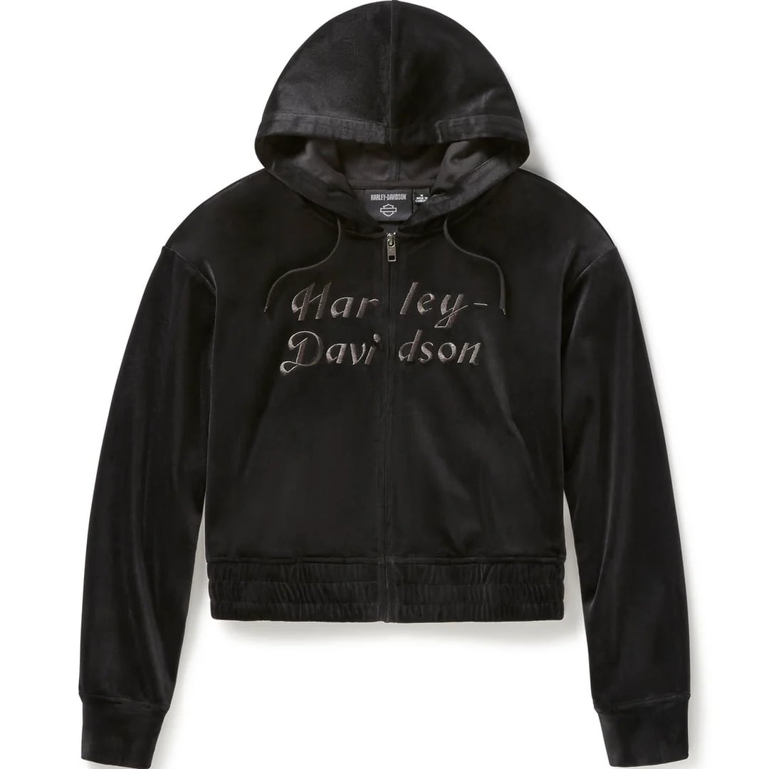 New Harley-Davidson® Authentic Velour Polyester Zip-Up Long Sleeve Hoodie, Black