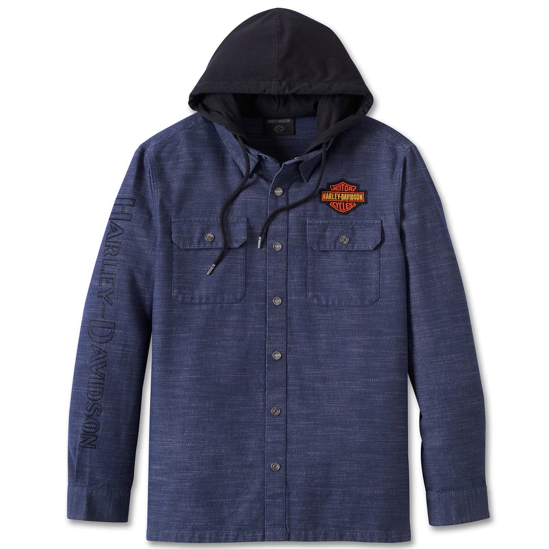 New Harley-Davidson® Authentic Men's Whiplash Hooded Long Sleeve Shirt, Blue