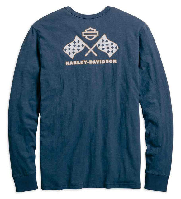 New Harley-Davidson® Authentic Men's Retro Race Flag Slim Fit Henley Tee, Blue
